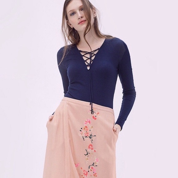 Trouve Navy Blue Rib Lace Up Long Sleeve Bodysuit - Picture 4 of 7